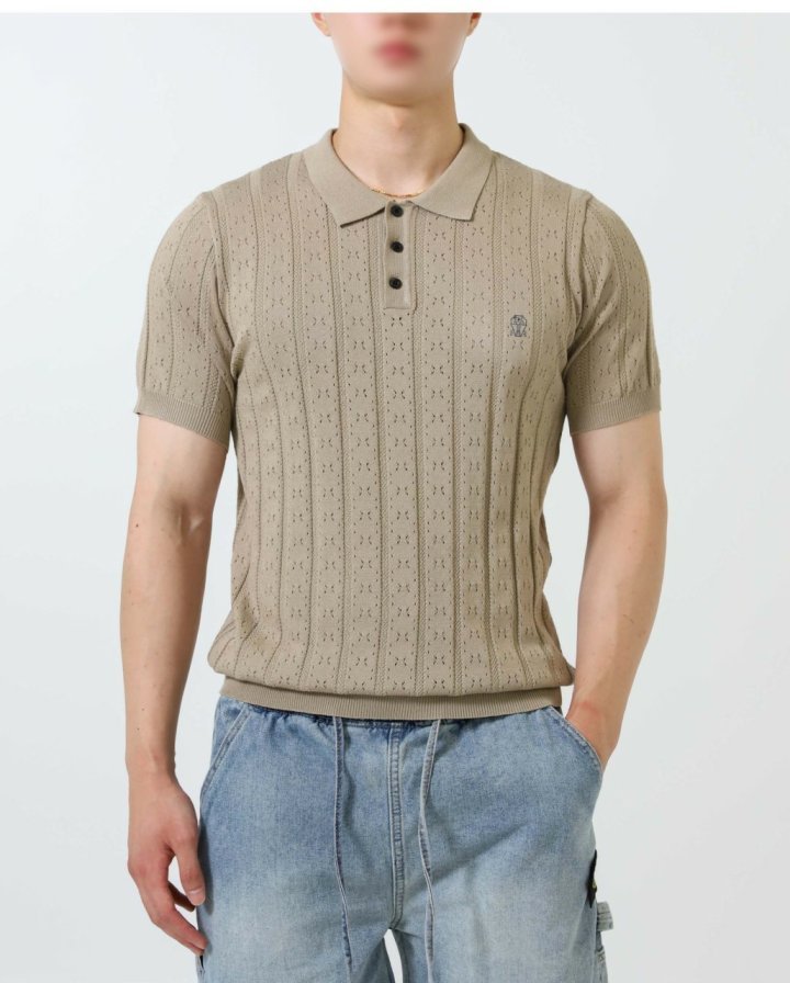 브루넬로 쿠치넬리 로고 펀칭 카라 반팔 니트