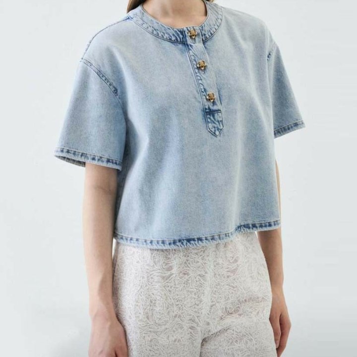 랑방 정로스 워시드 크롭 하프 슬리브 데님탑 &  슬릿 데님 스커트 SET