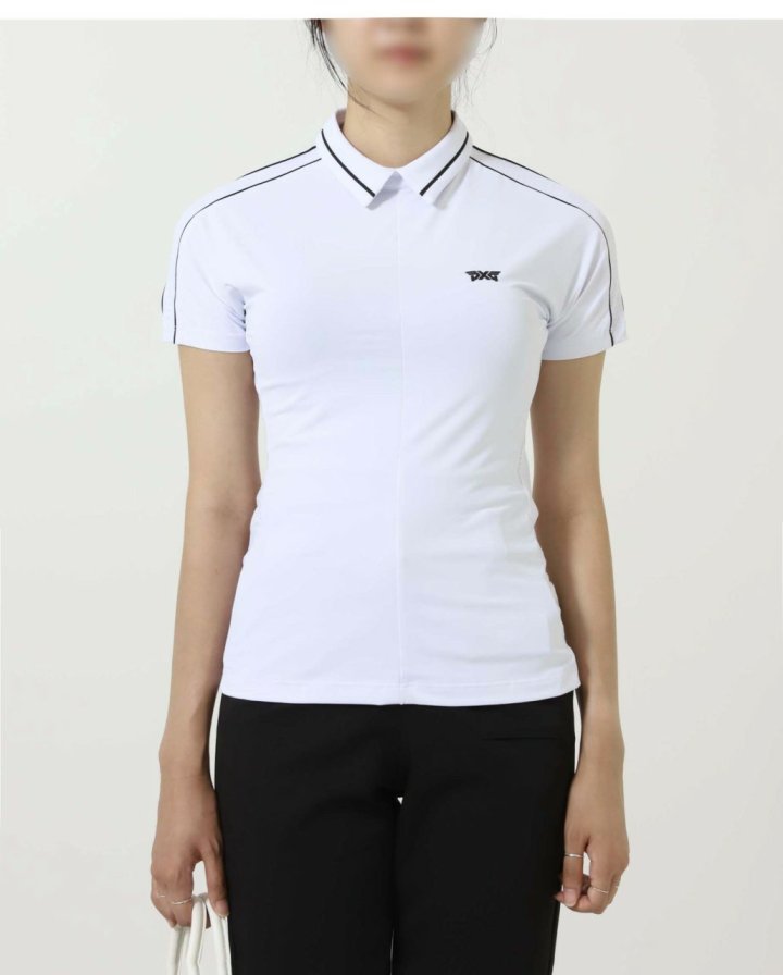 PXG 우먼 썸머 타공 카라 숏 슬리브 티셔츠