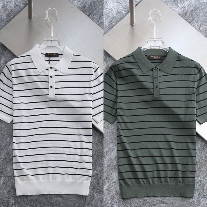 로로피아나  스트라이프 자수로고 카라 쿨니트