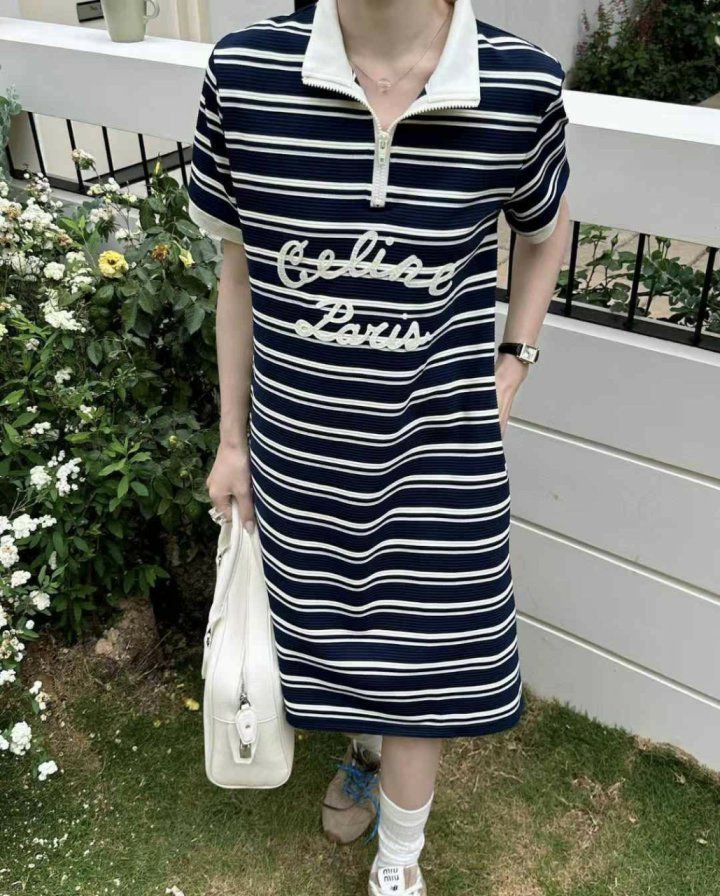 셀린느  마린 지퍼넥 스트라이프 폴로 드레스 