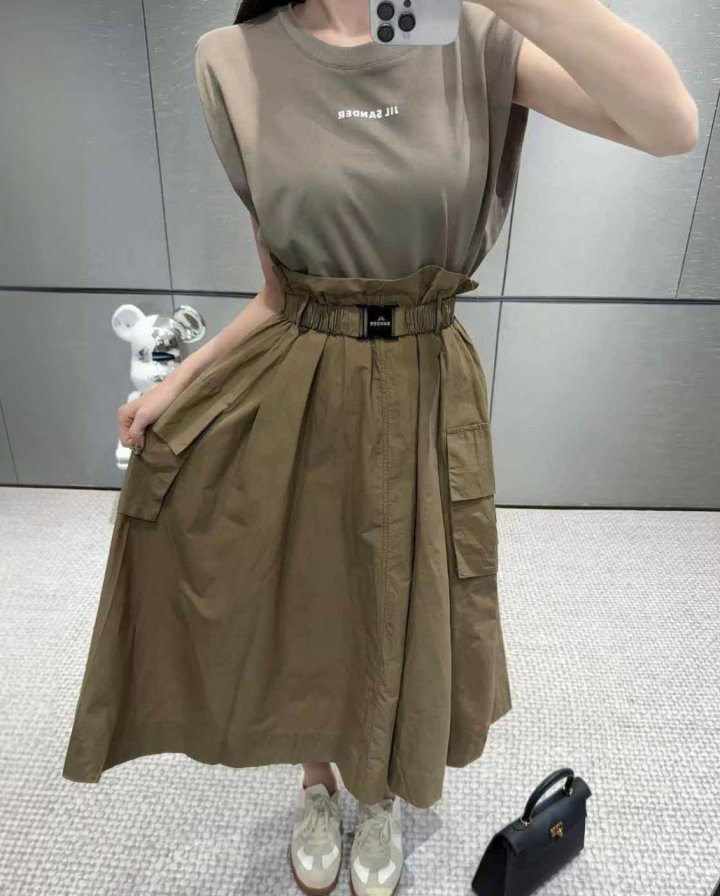 질샌더  3D로고 티셔츠 믹스 벨티드 드레스