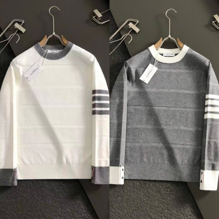 톰브라운  배색 4바 양모 라운드 니트