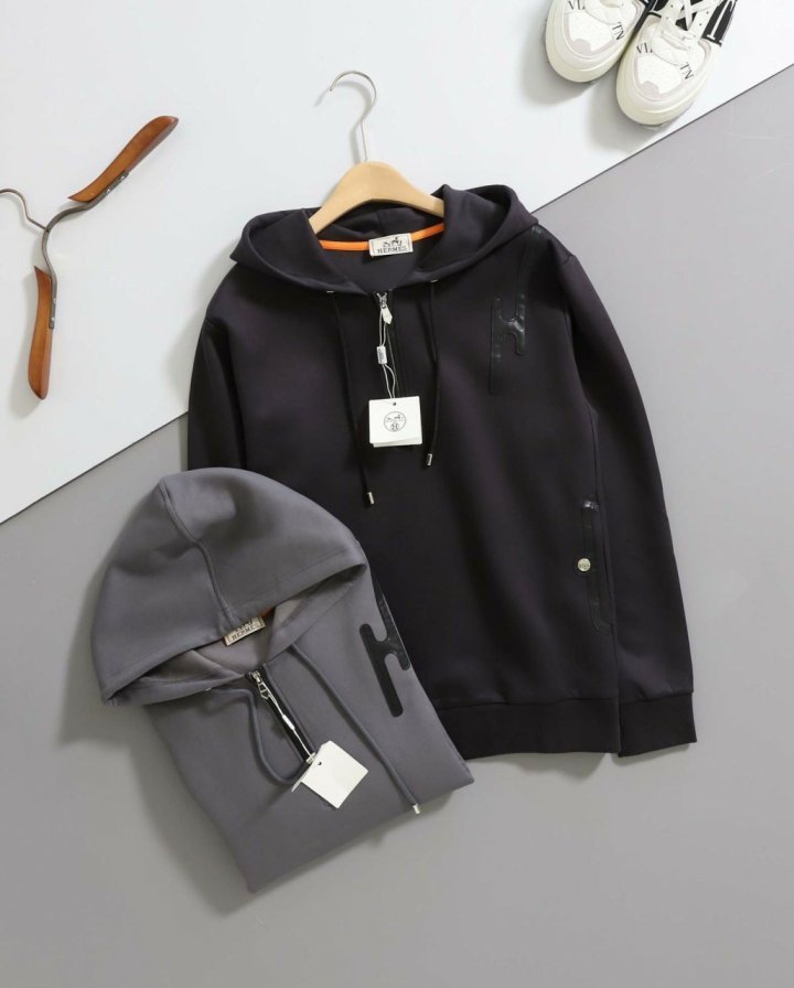 에르메스  H 레더 로고 반집업 후드 티셔츠  