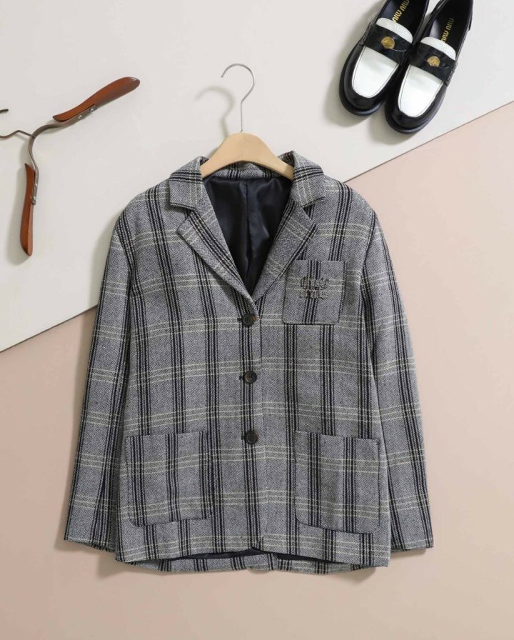 미우미우  싱글브레스트 체크 셰브론 재킷 