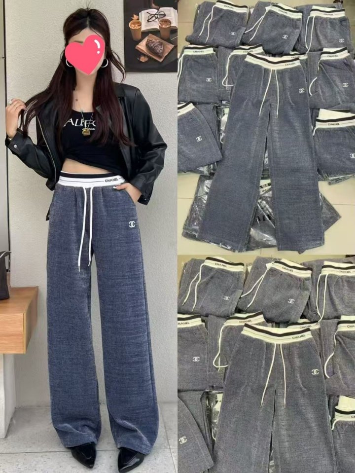 샤넬  여성 자수로고 스판 밴딩 와이드팬츠