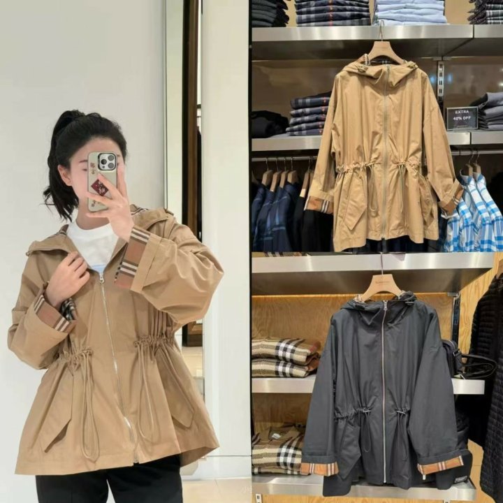 버버리 이너체크 드로스트링 코튼 후드 자켓