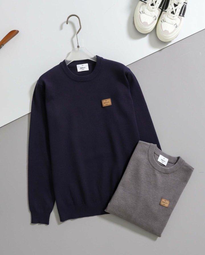 벨루티 레더 디테일  쉐도우 크루넥 니트